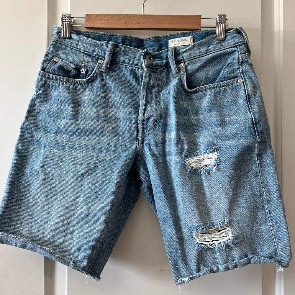 All Saints Medium Blue Distressed Denim Jean Shorts